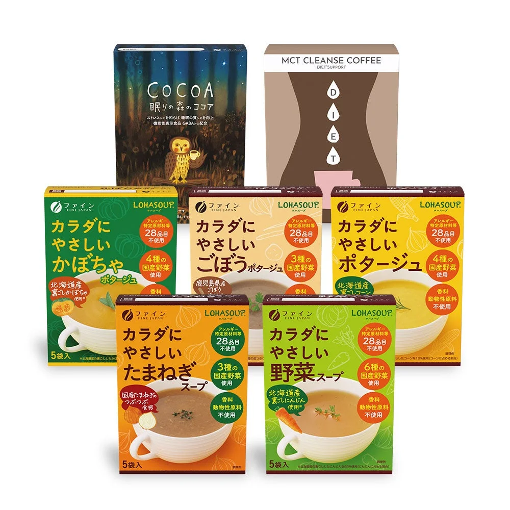 睡眠サポートのココア、ダイエットMCTコーヒー、そして「LOHASOUP カラダにやさしい」シリーズの各種スープやポタージュが写っています。