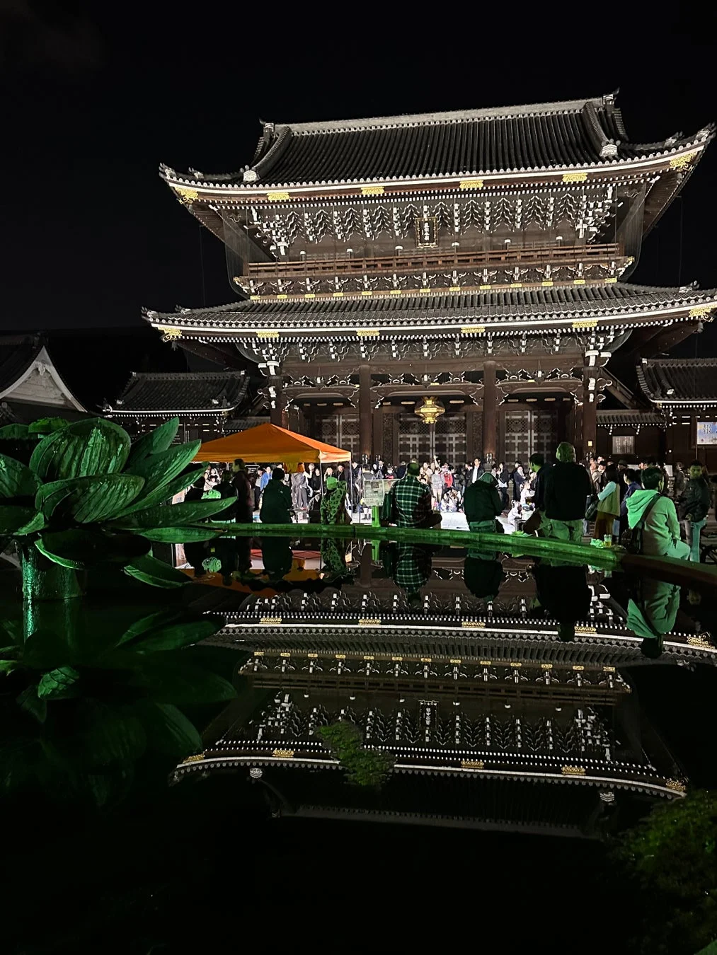 ライトアップされた寺院と水面反射