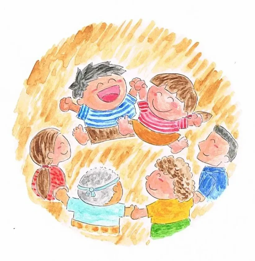 複数の子供たちが手をつないで輪になり、楽しそうに遊んでいるイラスト