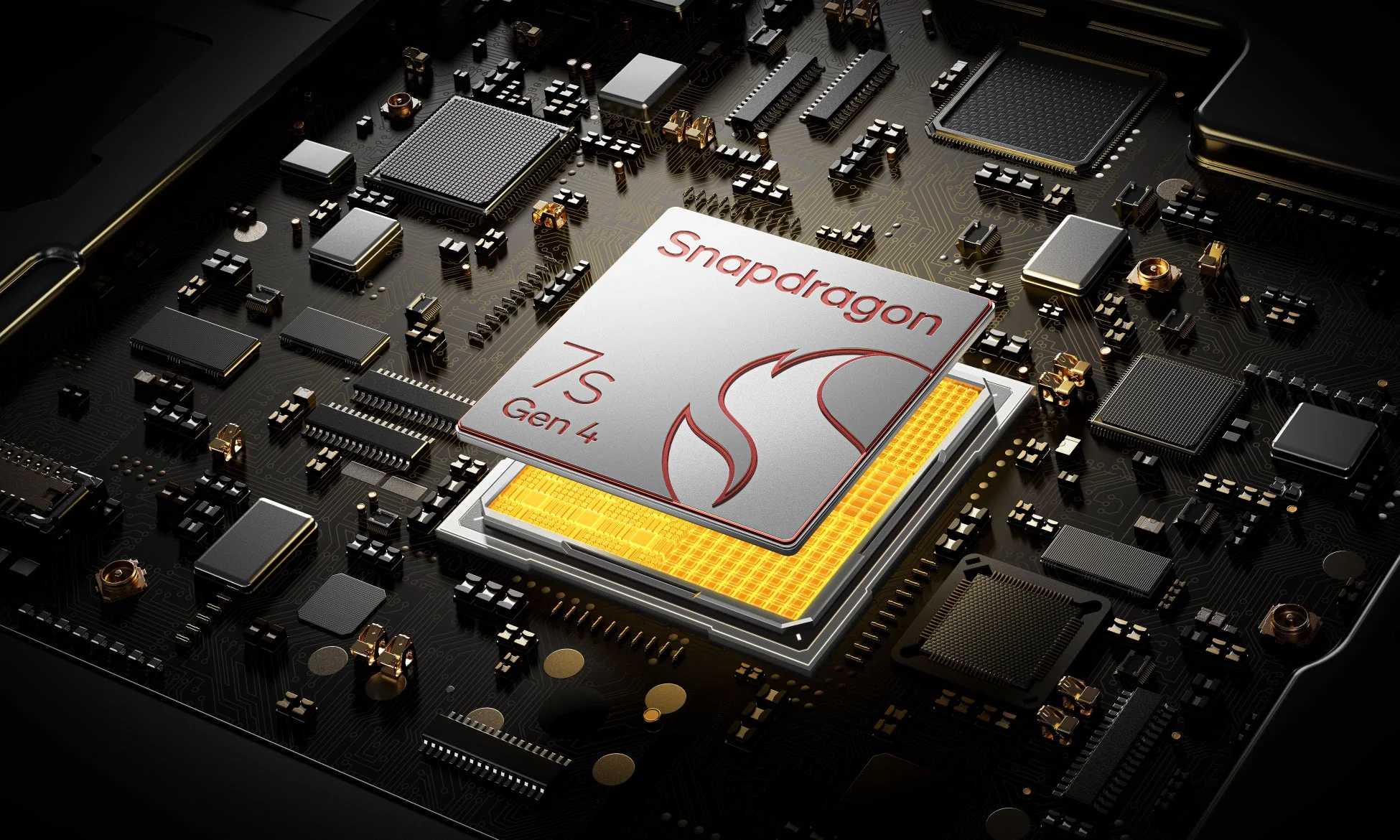 暗い回路基板上にSnapdragon 7s Gen 4プロセッサ