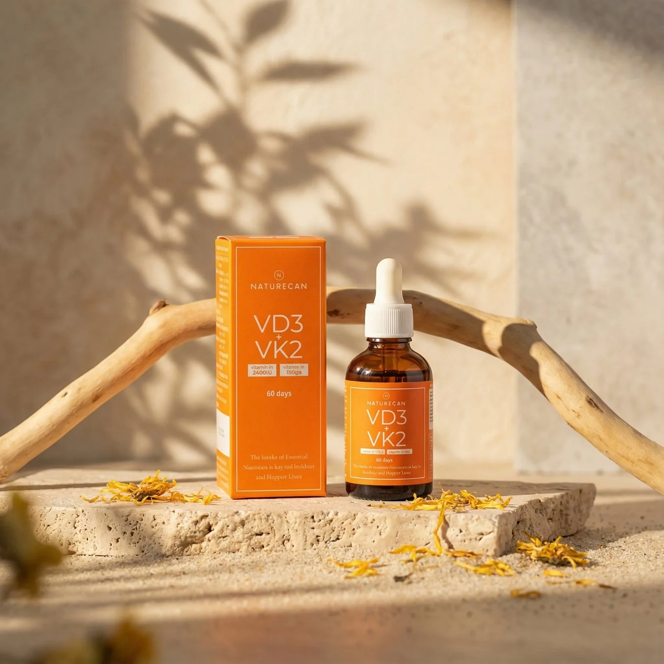 NATURECANのVD3+VK2サプリメントの箱とドロッパーボトルが、自然光の下、石の台の上に木の枝や乾燥した花びらと共に配置されている。
