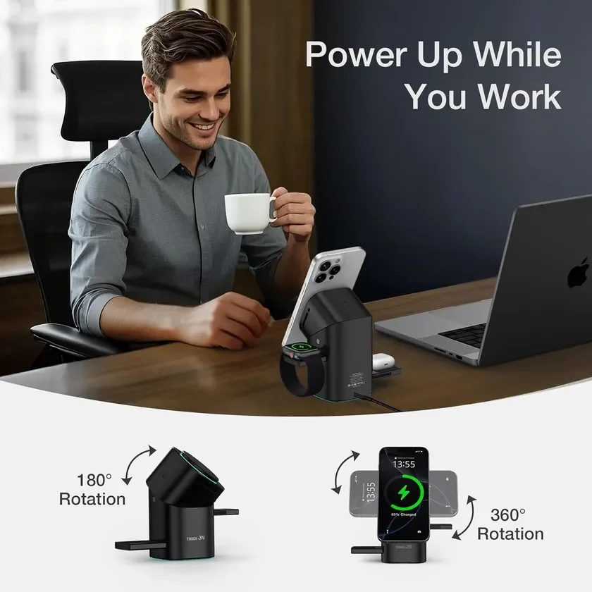 男性がオフィスデスクで仕事をしている様子と、多機能充電スタンド