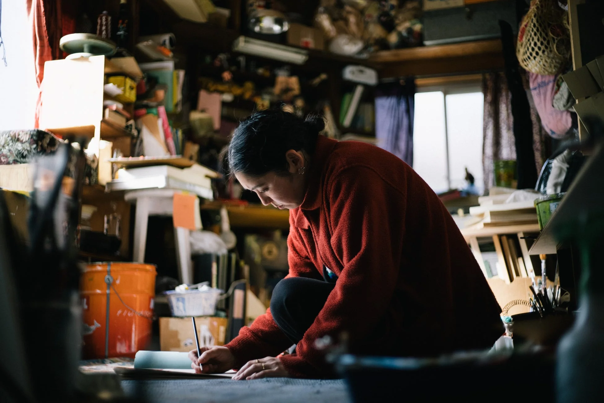 女性、描画、作業