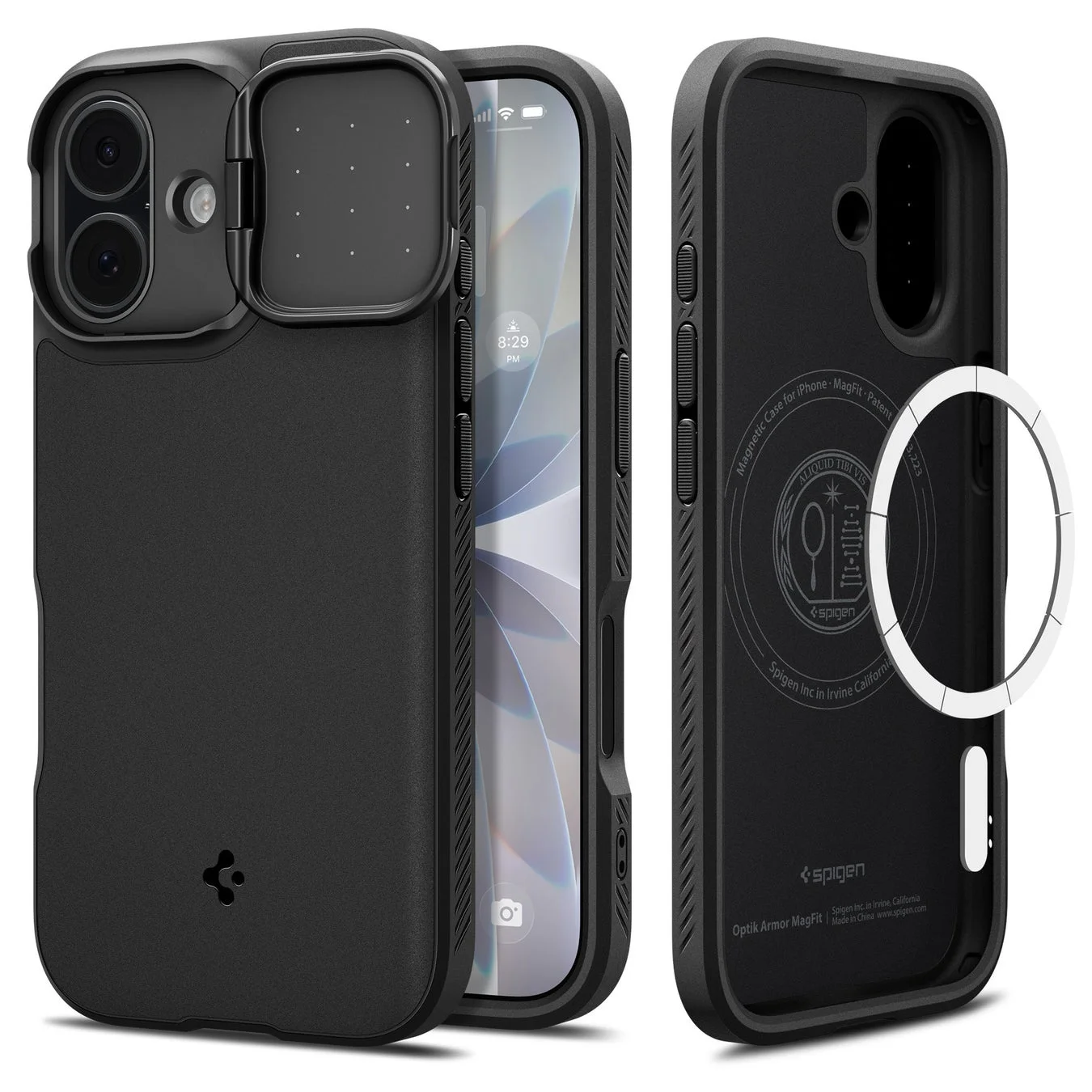 iPhone 12/13シリーズ用のSpigen Optik Armor MagFitケースの製品画像。カメラ保護用のスライドカバーが特徴で、MagSafeに対応した黒い耐衝撃ケースが複数角度から写されています。