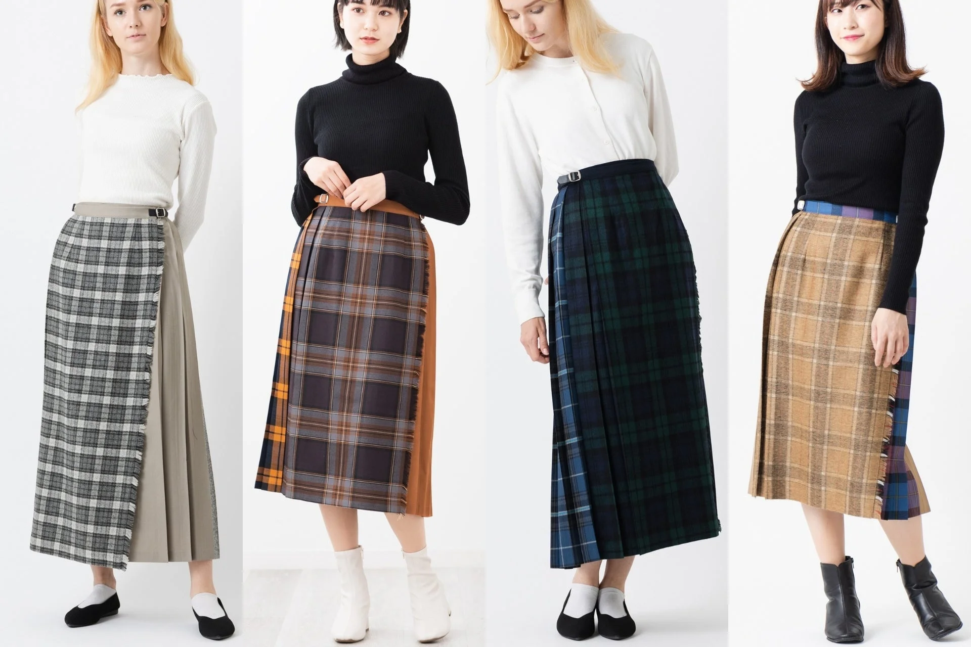 様々なチェック柄のロングスカートを着用したファッション写真