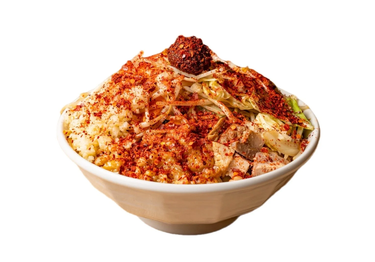 辛そうなまぜそばのアップ