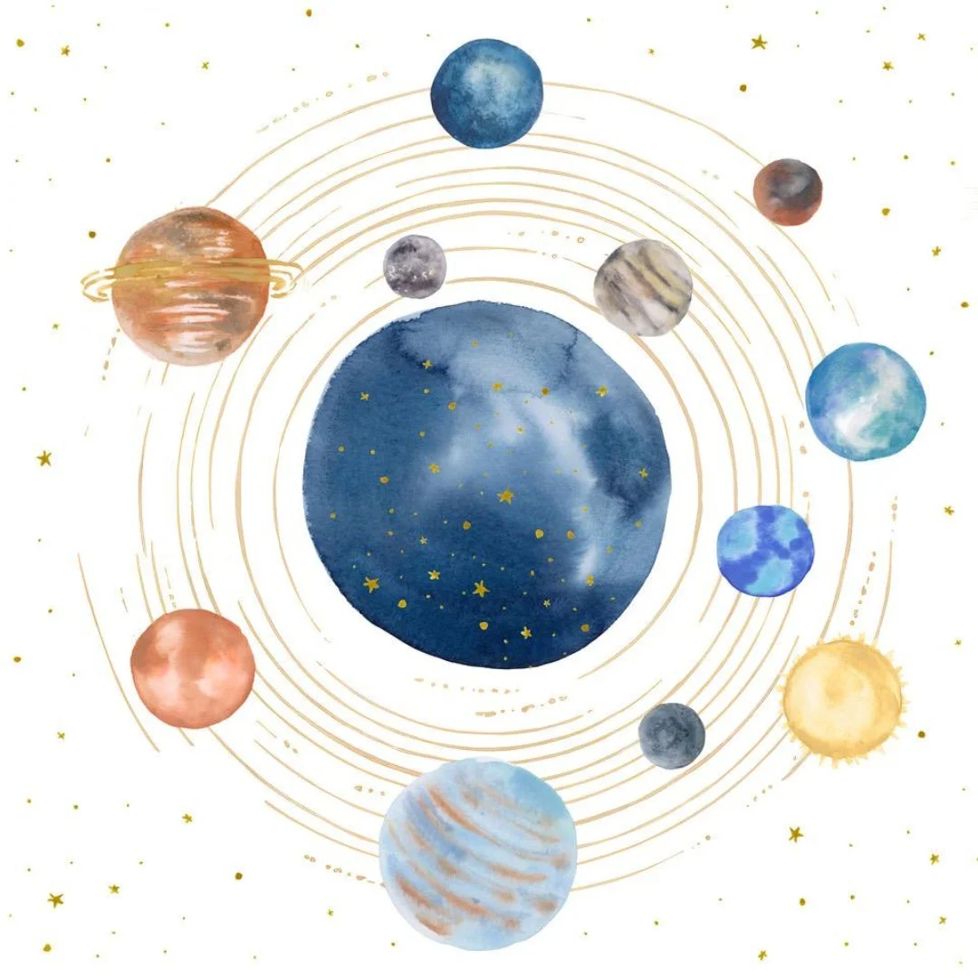 水彩画で描かれたかわいらしい太陽系のイラスト