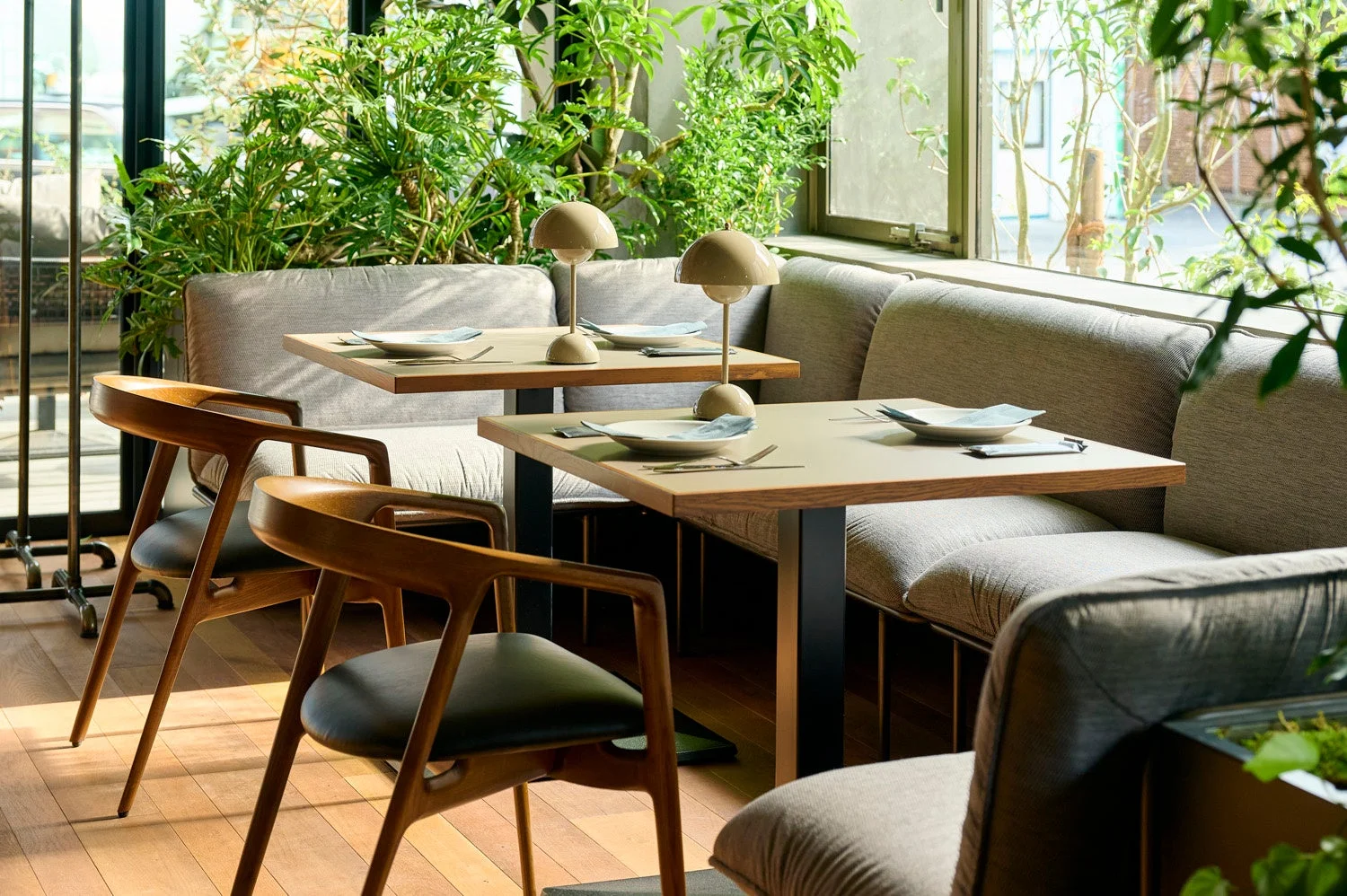 緑豊かなモダンなカフェまたはレストランの店内