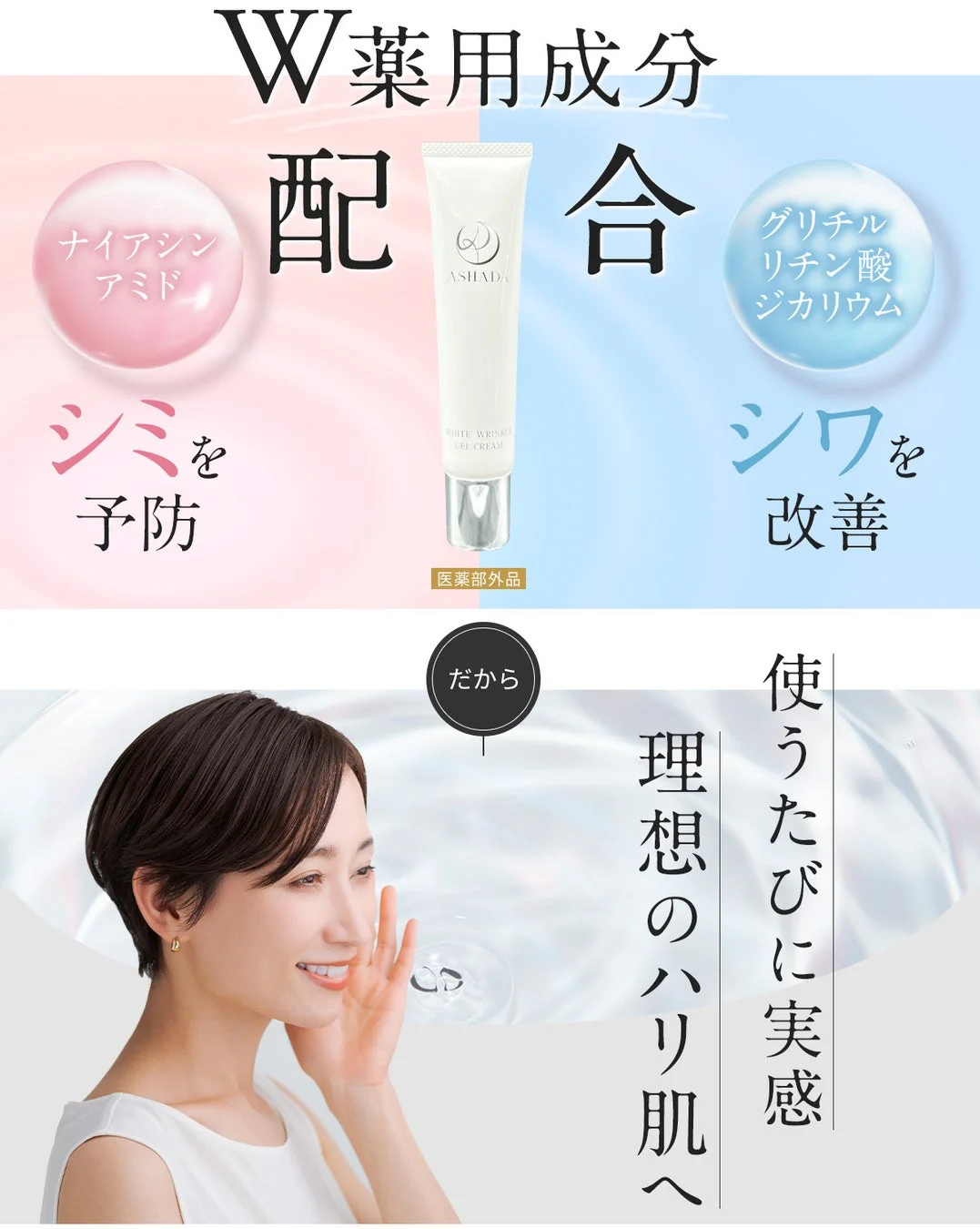 W薬用成分（ナイアシンアミド、グリチルリチン酸ジカリウム）を配合した医薬部外品のジェルクリーム「ASHADA」の広告です。