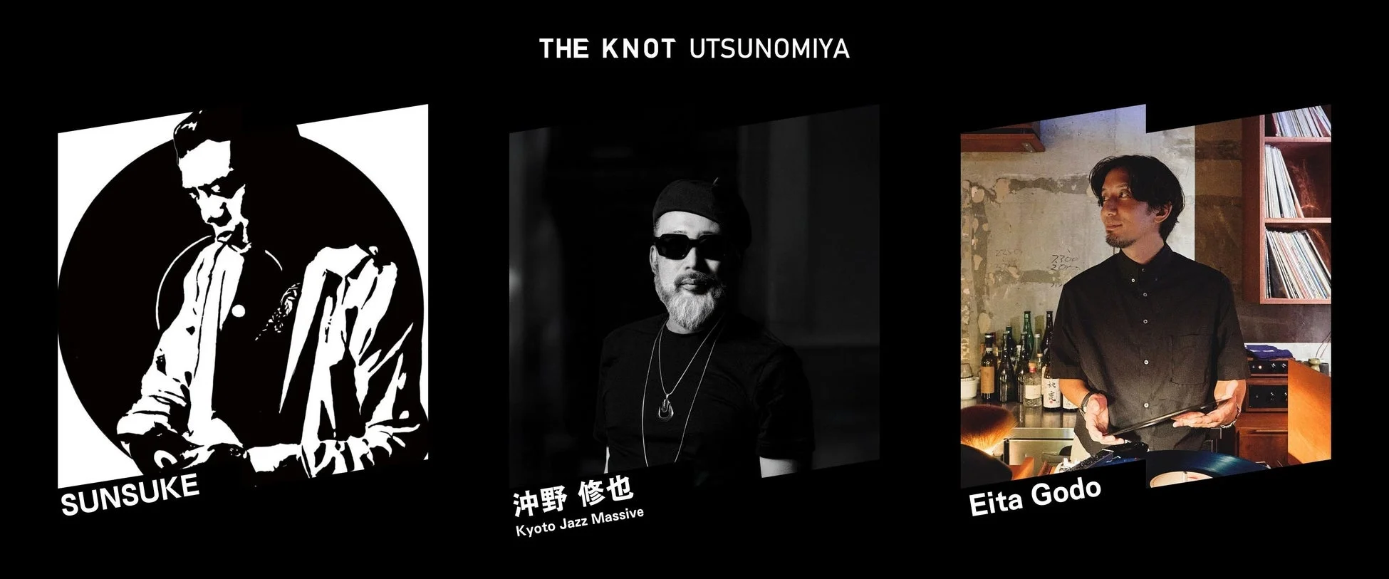 DJ SUNSUKE、沖野修也、Eita Godoのポートレート