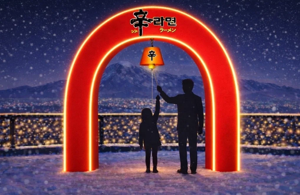 雪が降る冬の夜、光る赤いアーチの下で、父親と子供のシルエットがランタンを手にしています。