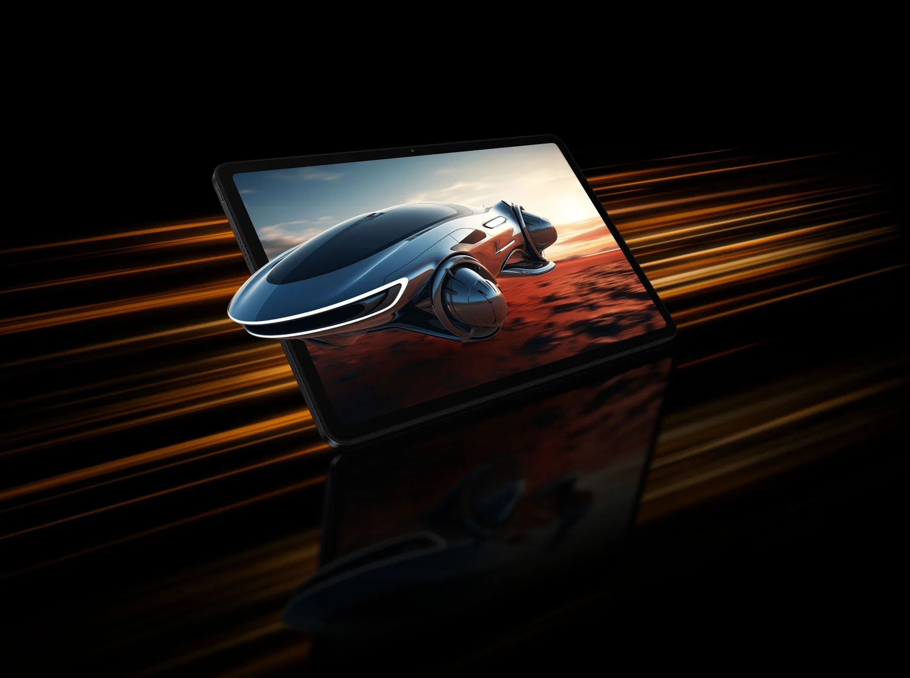 未来的な車がタブレット画面から飛び出す様子