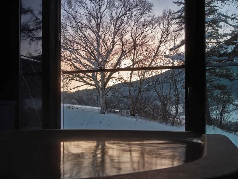 窓越しに広がる雪景色と水面が反射する冬の風景