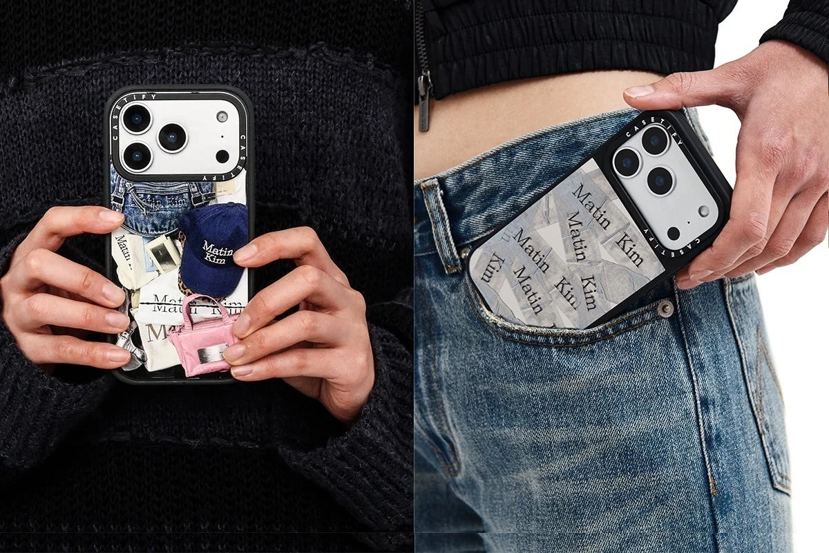 ミニチュアファッションアイテム風とロゴ散りばめデザインのスマホケース