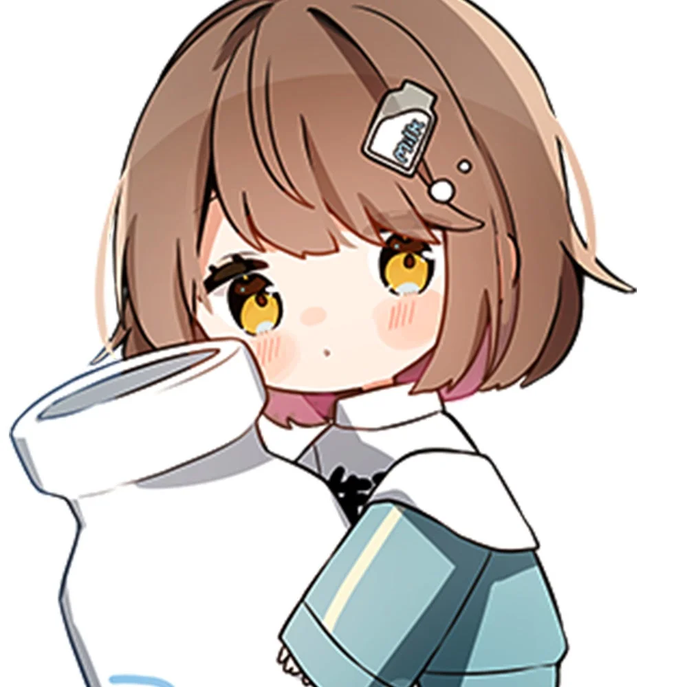 茶髪と黄色い目のちびキャラの女の子が大きな牛乳瓶を抱えています。