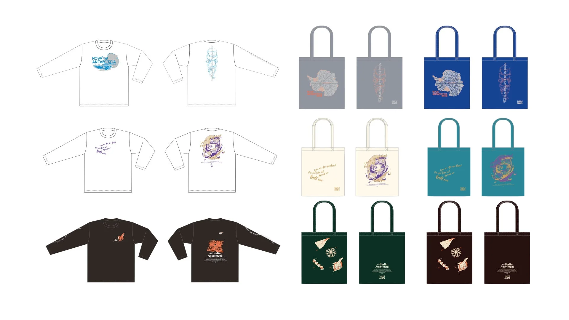 南極大陸の地図、抽象的なイラスト、英語のメッセージなどがデザインされたアパレルとトートバッグ