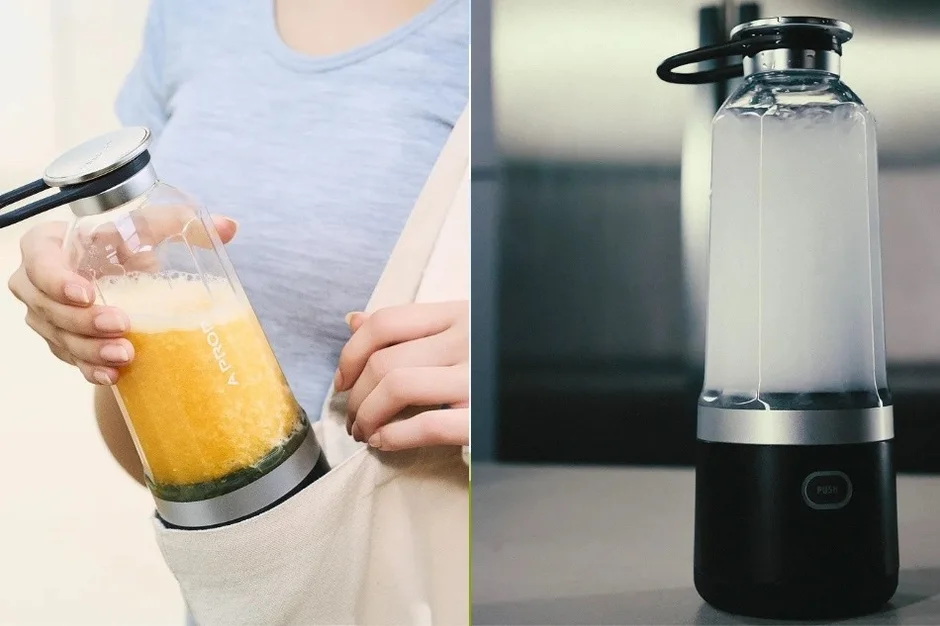 ポータブルブレンダーでジュースを作る様子