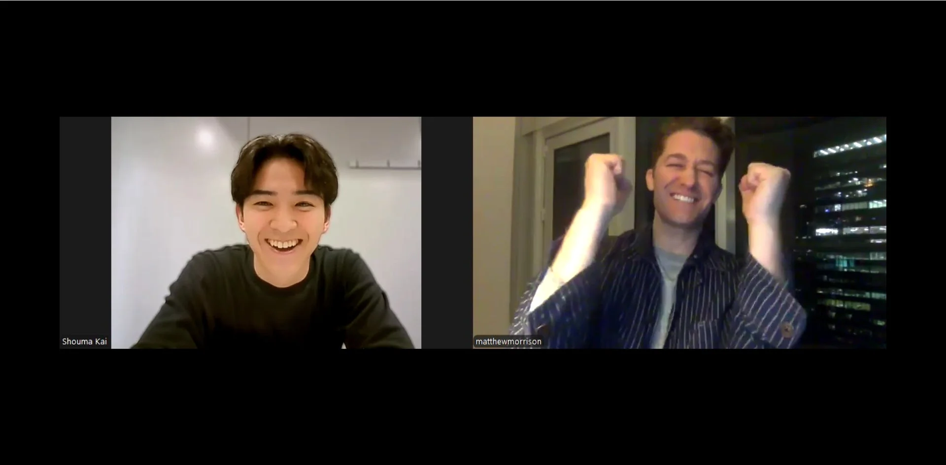 ビデオ通話の画面で笑顔を見せるマシュー・モリソンと甲斐翔真