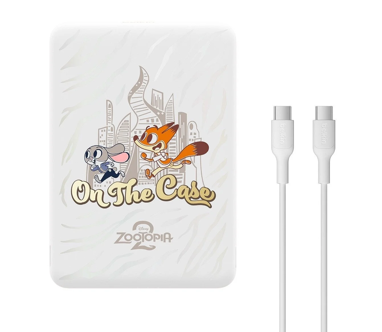 ジュディとニックがデザインされた白いBelkin製モバイルバッテリー