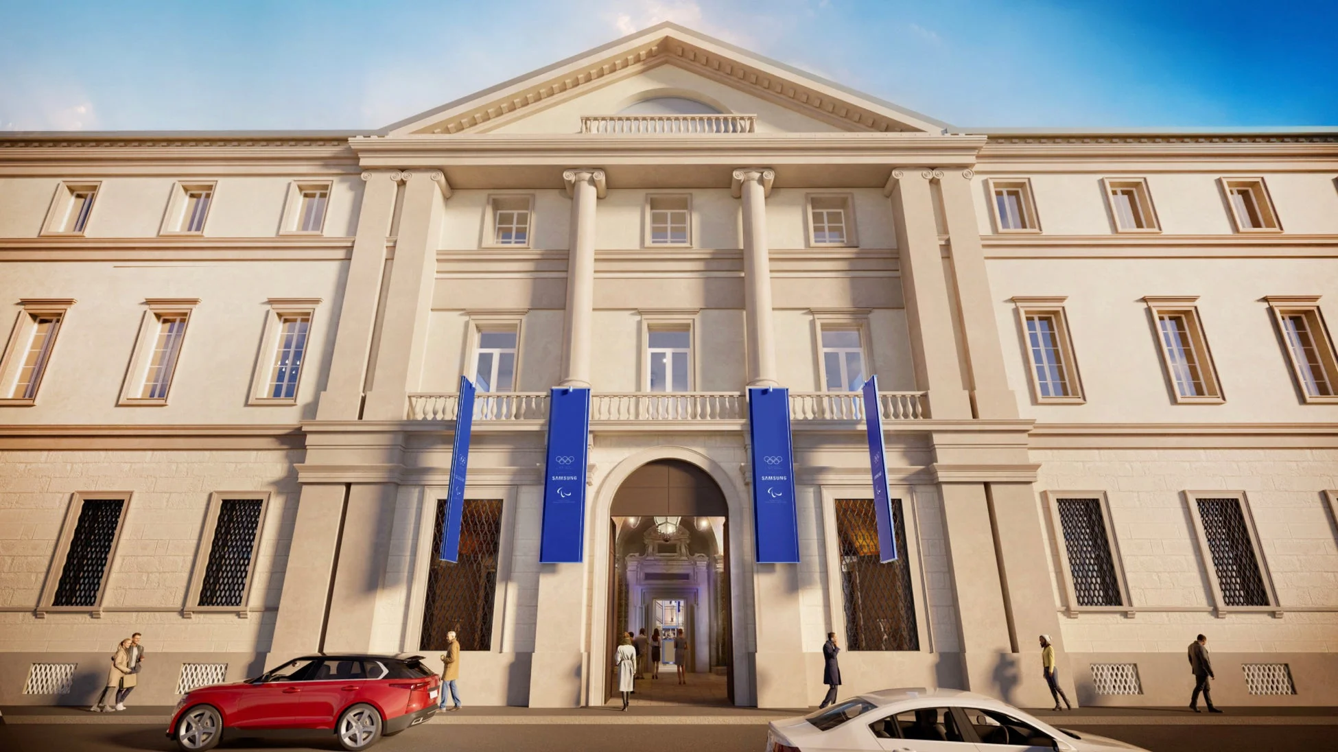 オリンピック・パラリンピックの旗が飾られたクラシックな建物