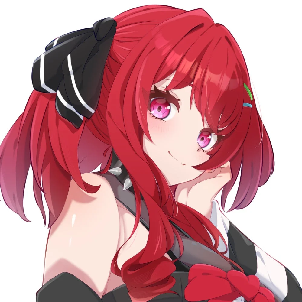 赤い髪とピンクの瞳を持つアニメ風の少女のイラストです。