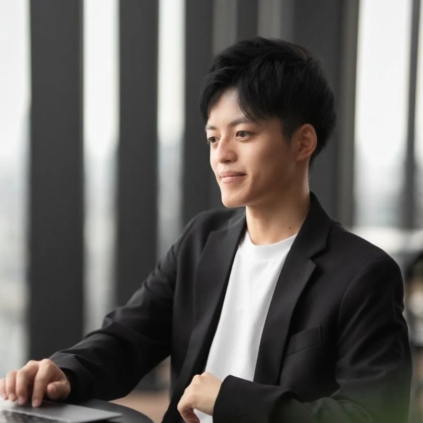 黒いジャケットと白いTシャツを着た若い男性が、窓を背景に穏やかな表情で横を向いている写真