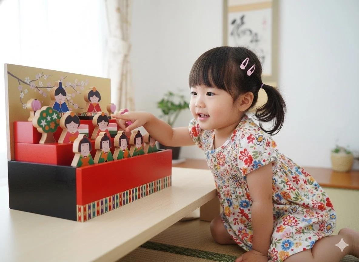 女の子がひな人形で遊ぶ様子