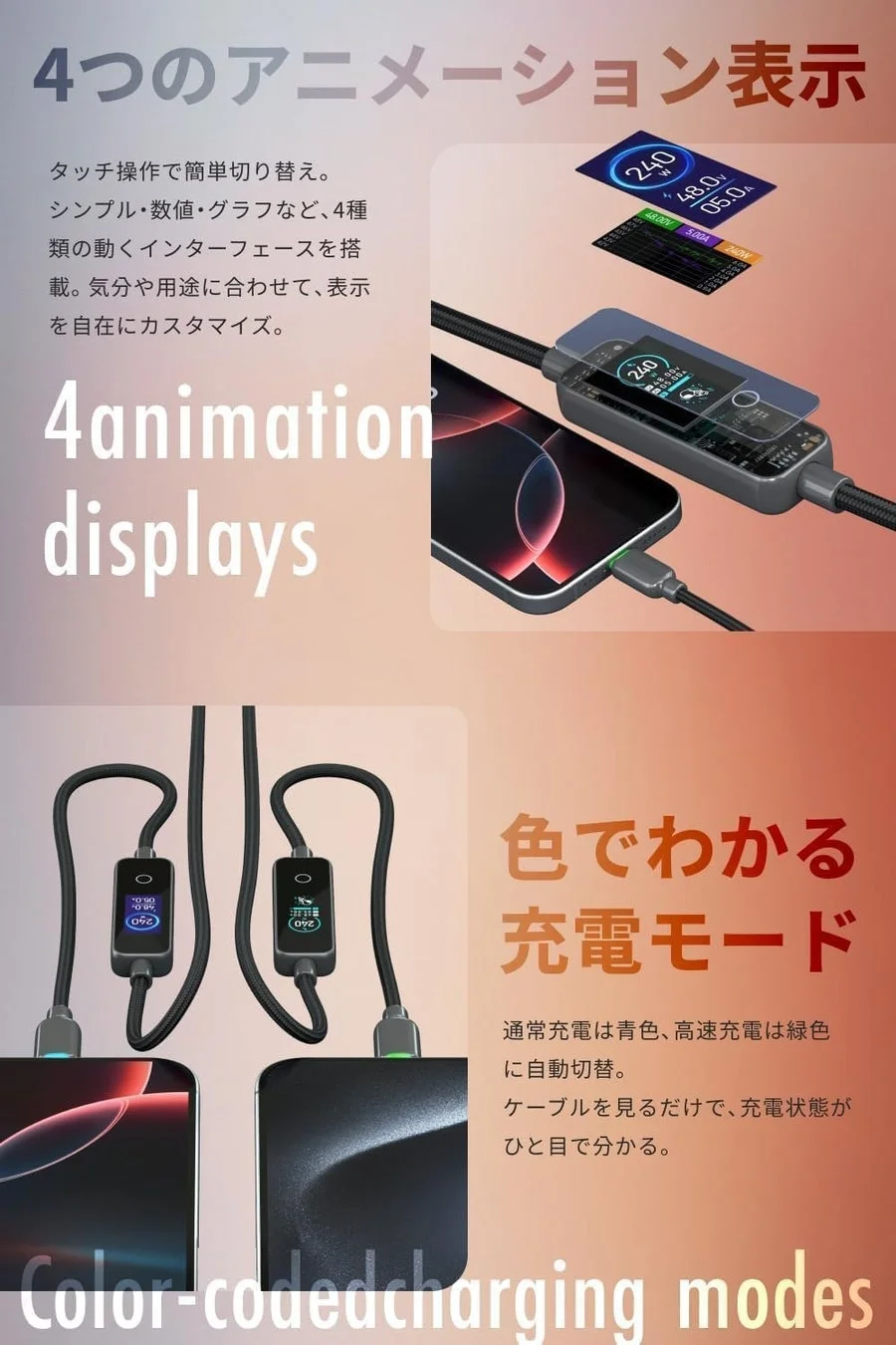4つのアニメーション表示と色でわかる充電モード