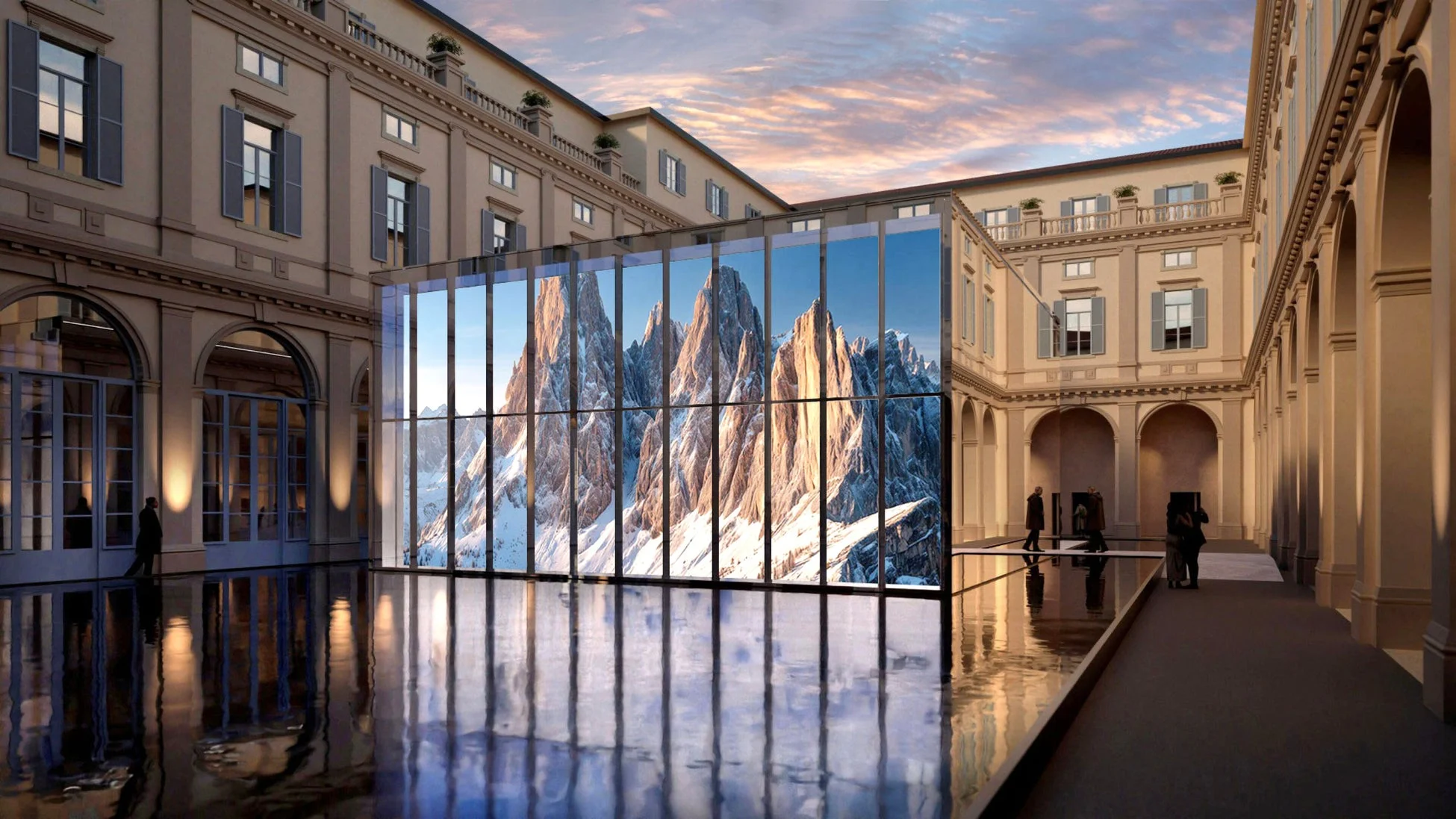 古典的な建物の中庭に設置された現代アート作品