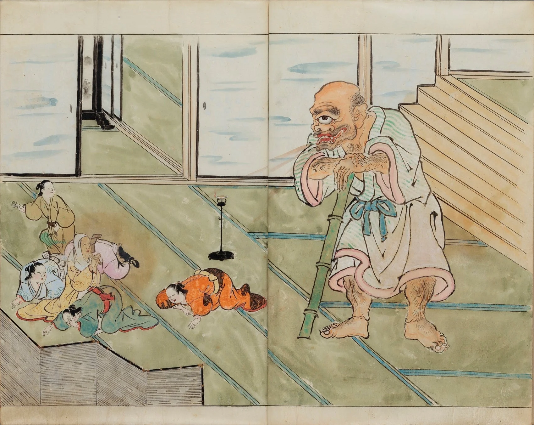 和室に現れた一つ目の妖怪と女性たちの日本画