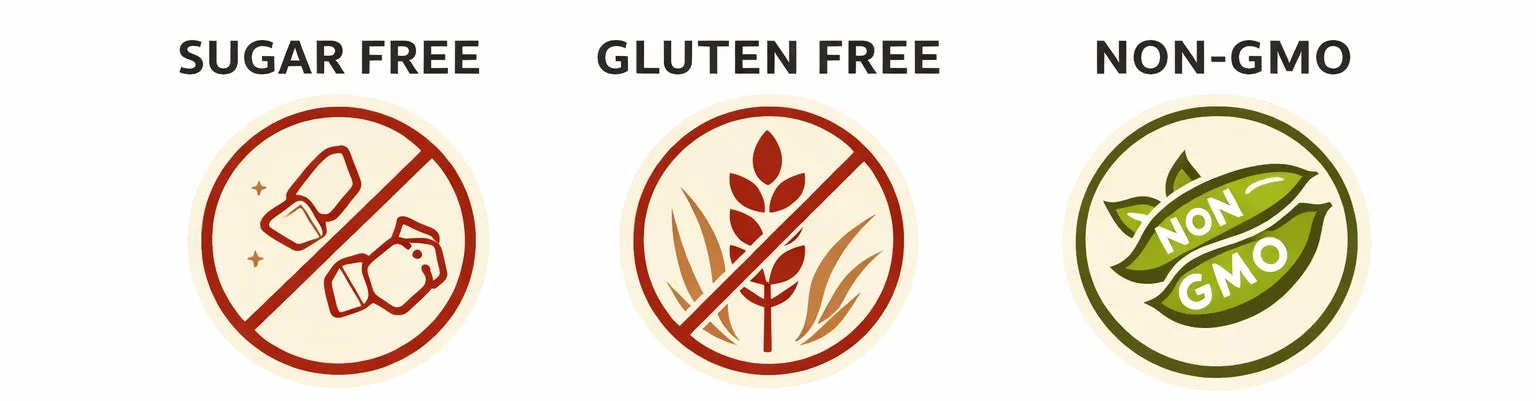 砂糖不使用、グルテンフリー、NON-GMOのアイコン