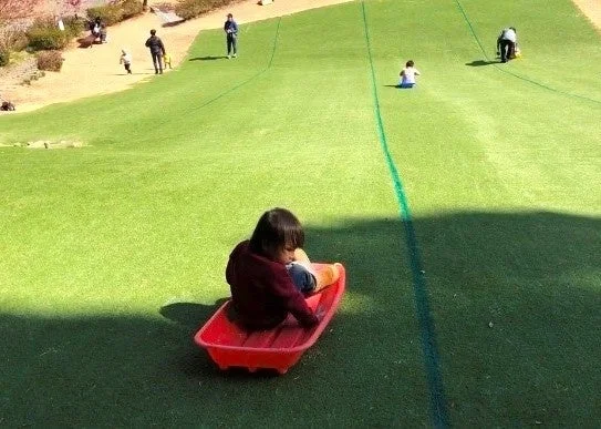 芝生のスロープでソリ遊びをする子供たち