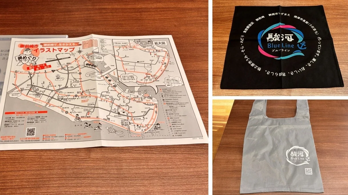 御前崎市の観光マップ、エコバッグ、ハンカチ