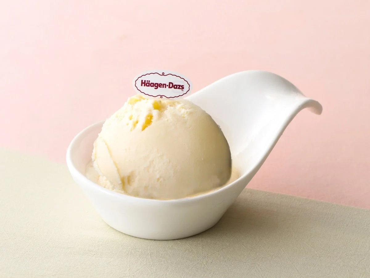 白いモダンな器に盛られたバニラアイスクリームのスクープ