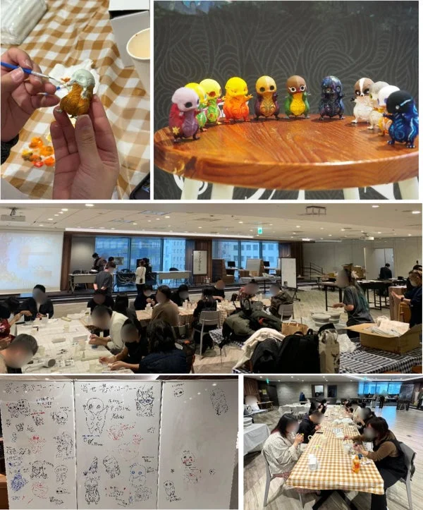 人々が小さなフィギュアをペイントするワークショップの様子