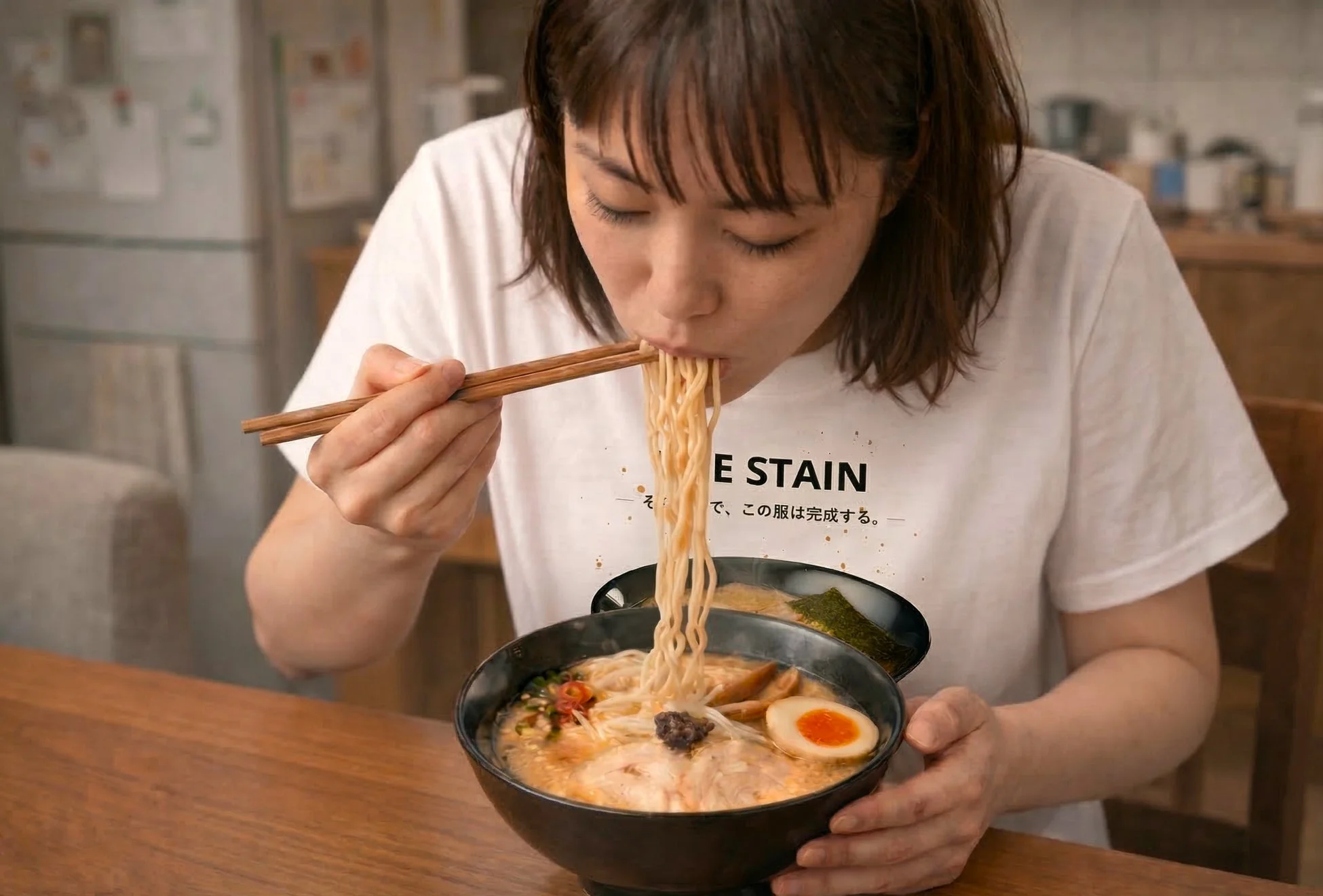 女性がラーメンを勢いよく食べている様子。卵やチャーシューなどが乗った美味しそうなラーメンが黒い丼に入っています。