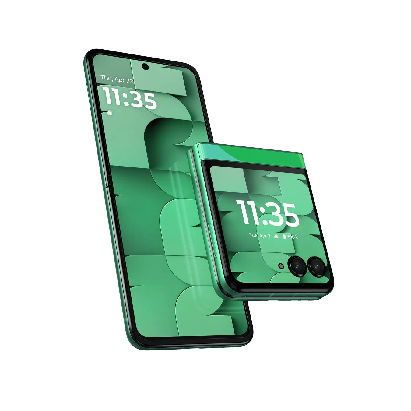 緑色のスマートフォン2台が白い背景に浮かんでいます。1台は一般的な形状、もう1台は折りたたみ式のフリップフォンです。両方の画面に「11:35」と表示され、現代のモバイル技術を表現しています。