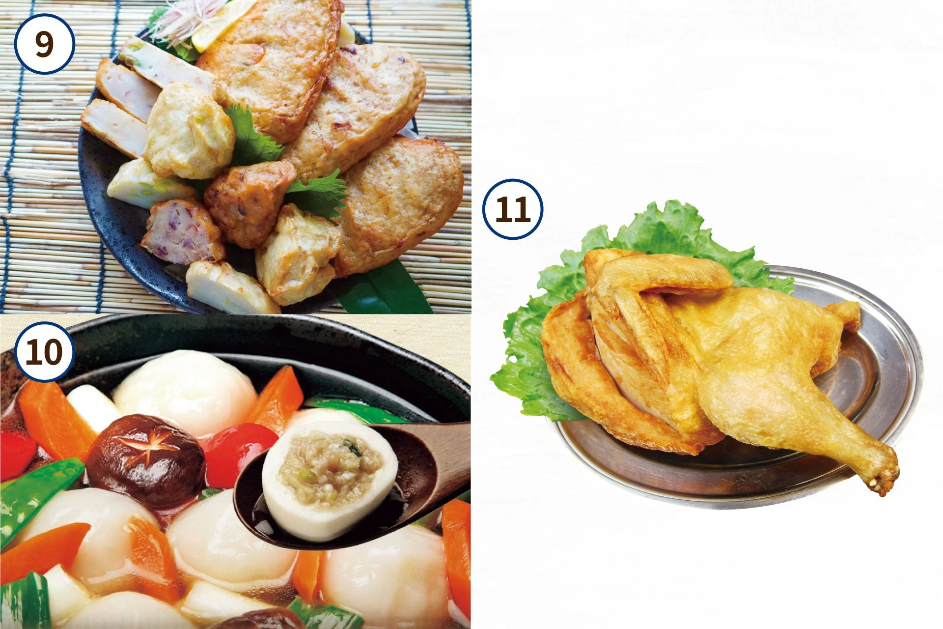 3種類の料理が写っており、左上は揚げ練り物、左下は煮込み料理、右側はローストチキン