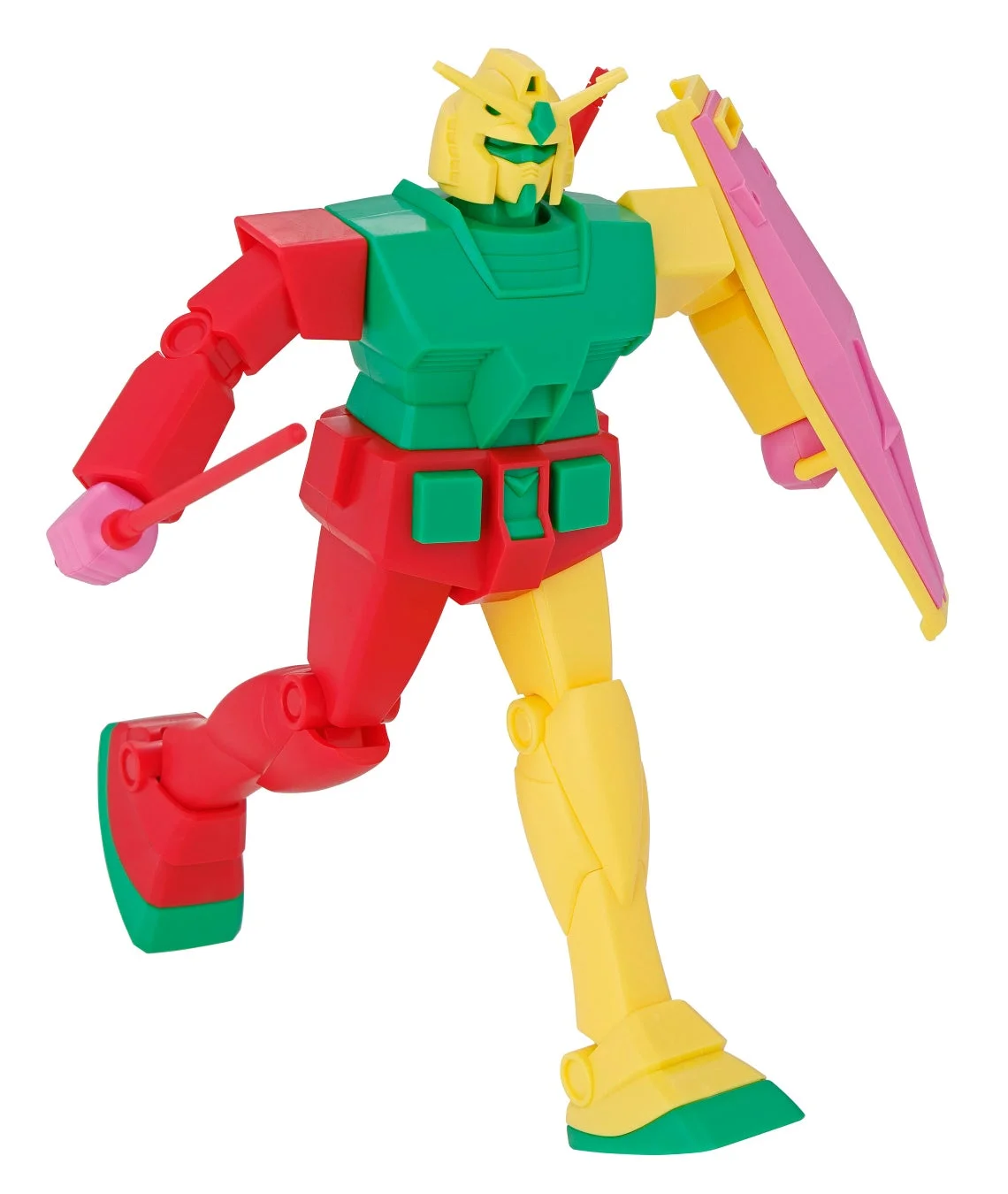 白背景に、赤、緑、黄、ピンクの鮮やかな原色で構成されたロボットのおもちゃ