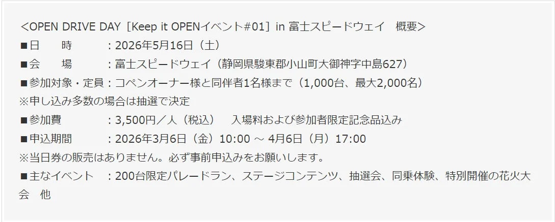OPEN DRIVE DAY in 富士スピードウェイ 概要