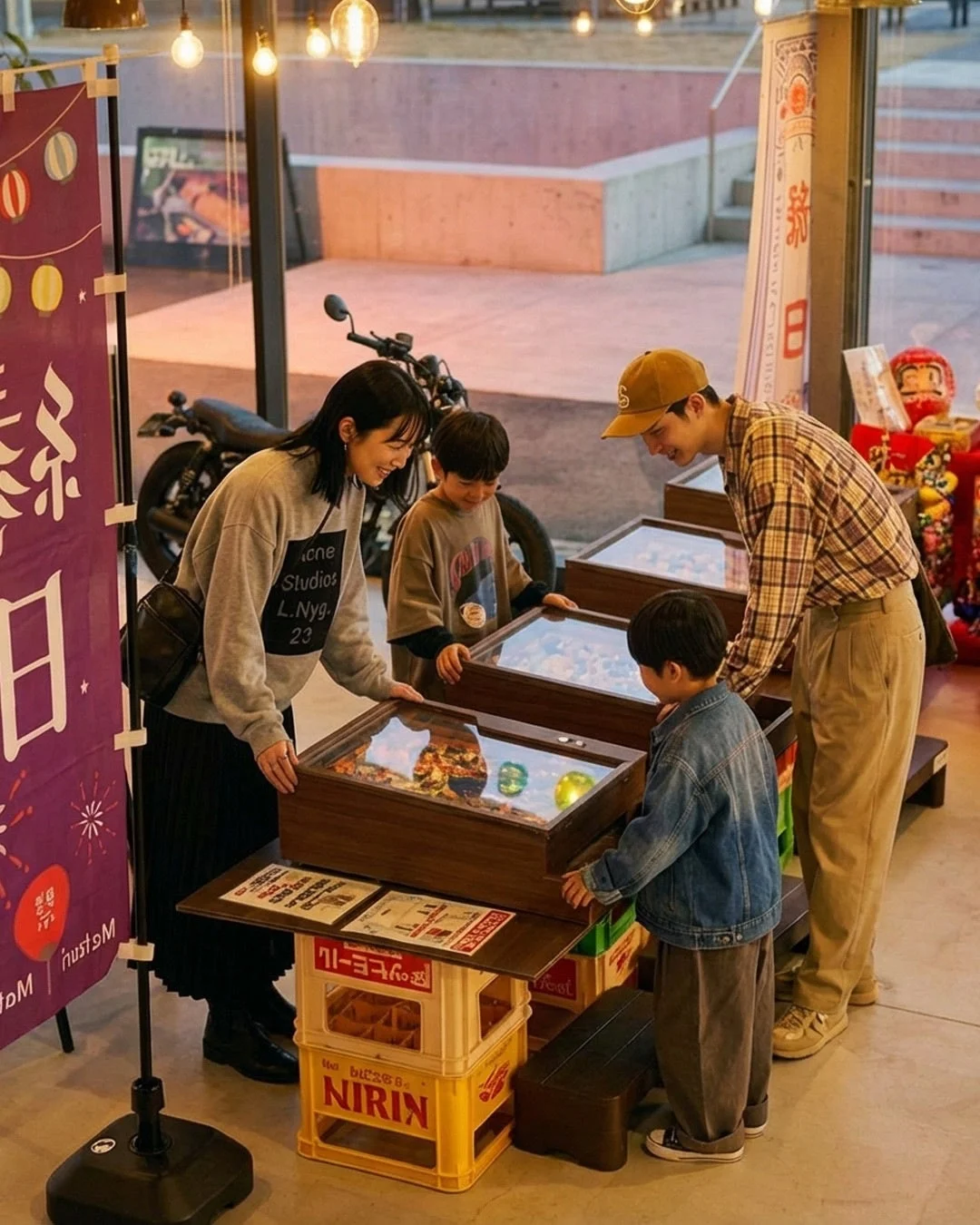 縁日でゲームを楽しむ家族