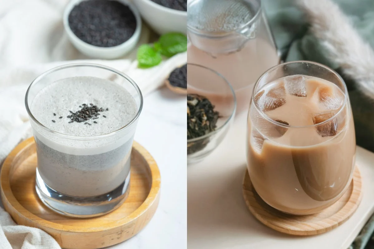 黒ゴマきなこ風味とミルクティー風味のドリンク