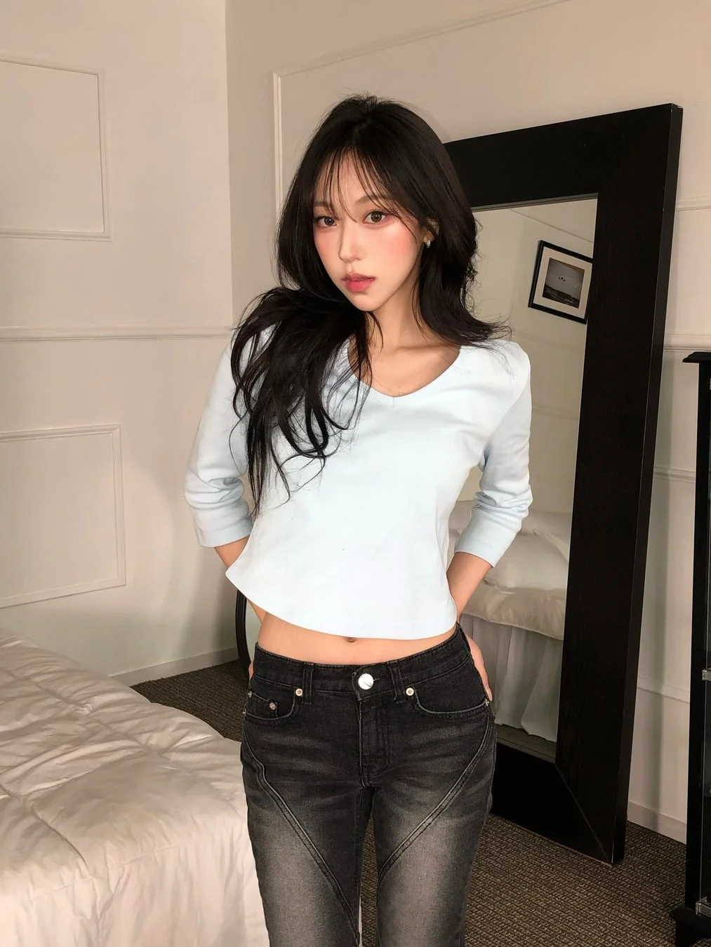 女性がクロップトップを着て立っている画像