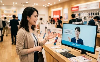 AIバーチャルアシスタントと対話する女性