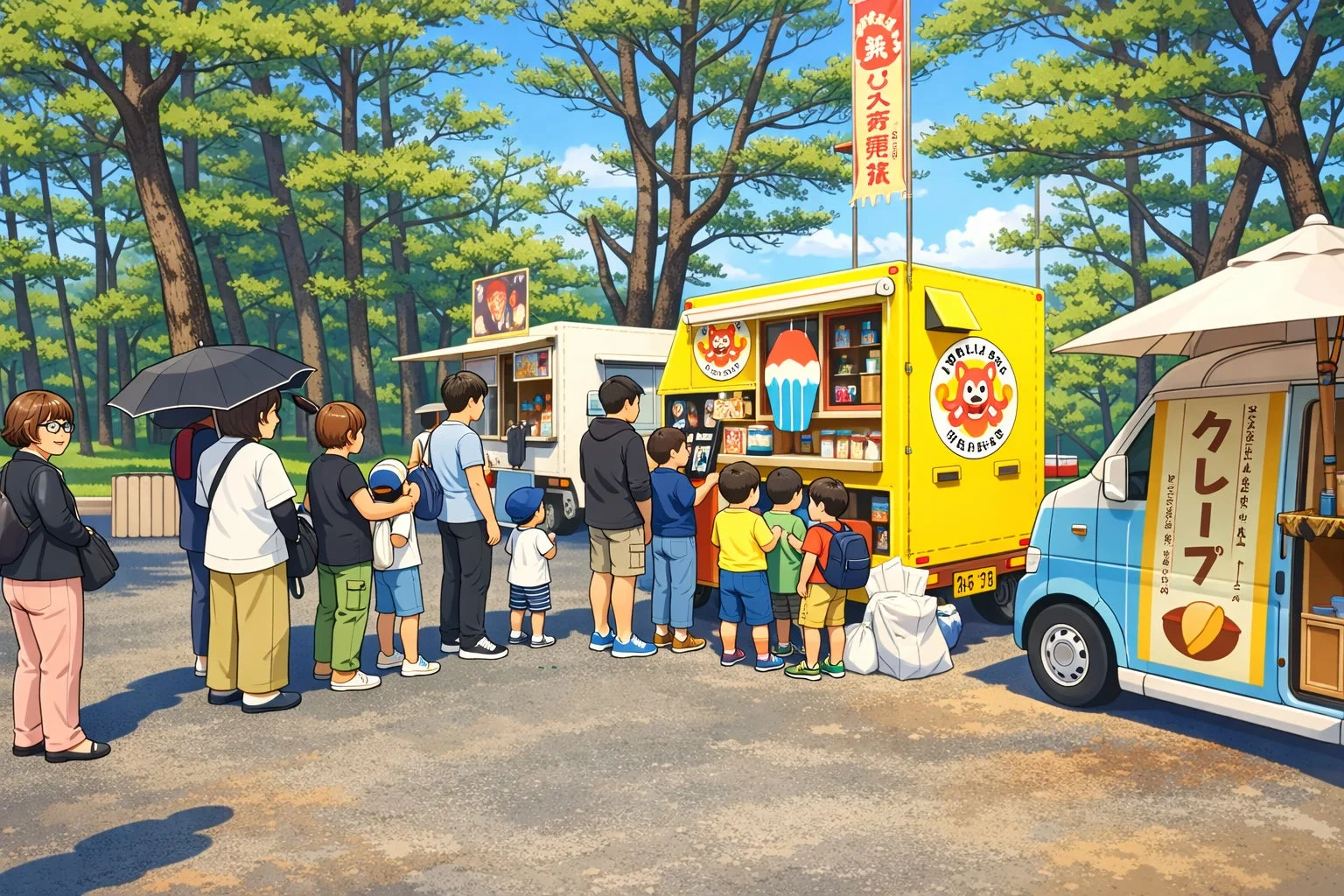 フードトラック,屋台,公園,子供,大人,列,家族,賑わい,夏,屋外,晴れ,アニメ,クレープ,かき氷,おでん,冷やし中華