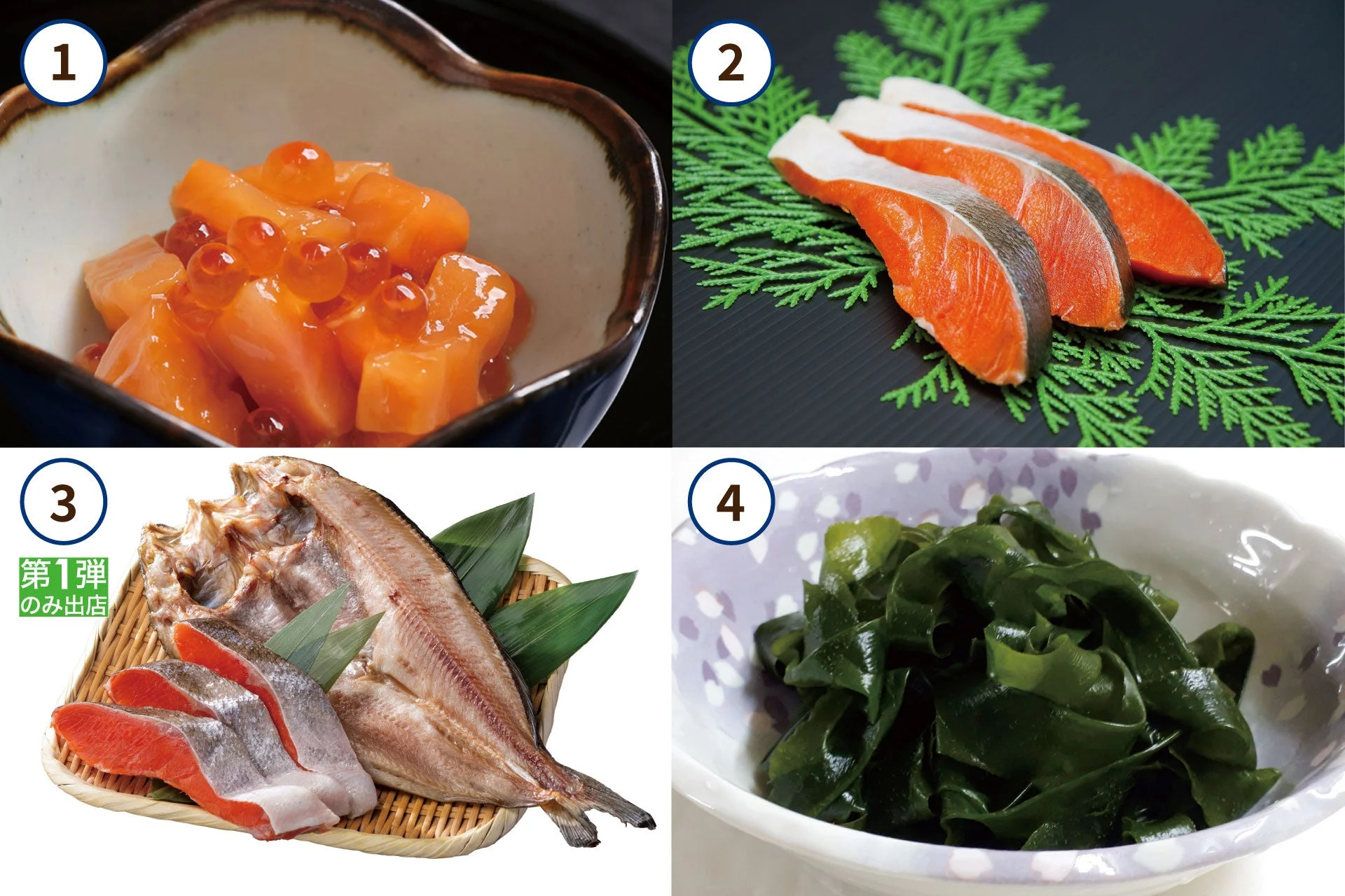 鮭の切り身、いくらの和え物、干物、わかめなど、様々な種類の海産物