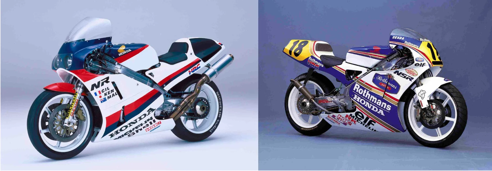 2台のクラシックなホンダ製レーシングバイクが並んで展示されています。左は赤、白、青のトリコロールカラーのNR、右はロスマンズカラーのNSRで、どちらも歴史的な名車です。