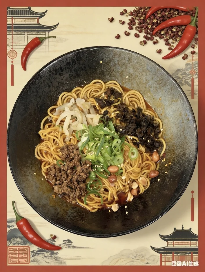 肉味噌、ネギ、ピーナッツなどの具材がトッピングされた辛そうな麺料理