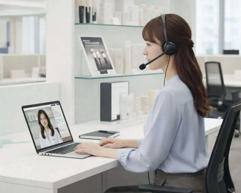 ヘッドセットを装着しノートパソコンでビデオ通話をする女性