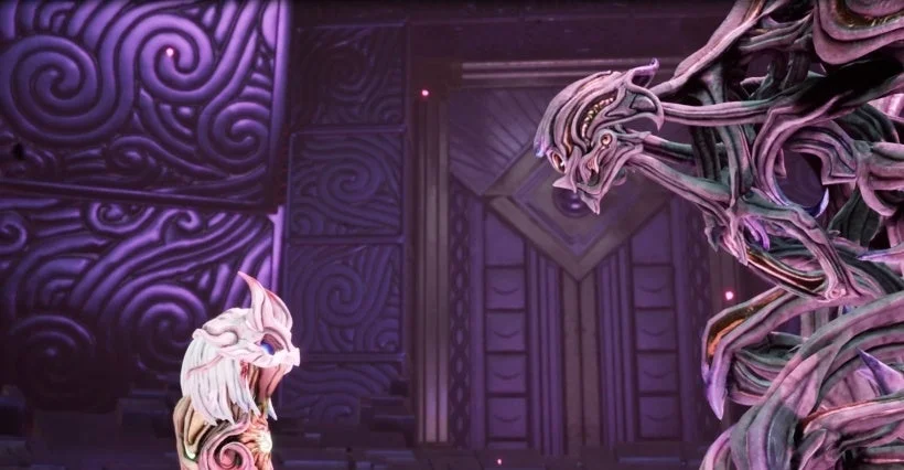 紫色の空間で、小さなクリーチャーと巨大なクリーチャーが対峙するSFまたはファンタジーの場面